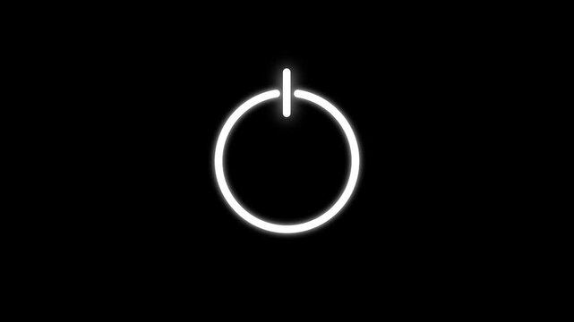 Neon power button icon animation with glowing white light flickering on dark background motion clip.