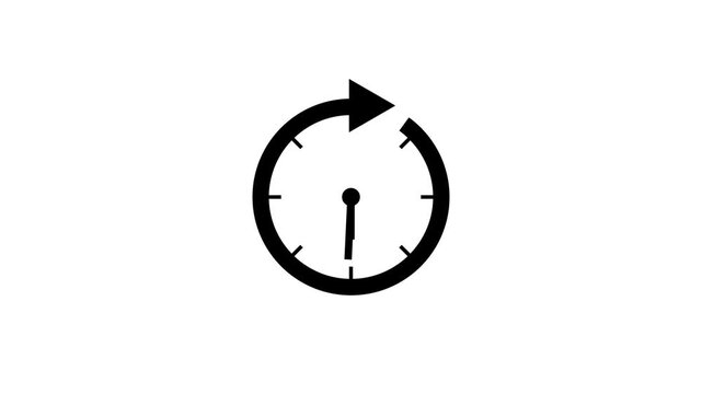 Animation of clock with rotating arrow showing passage of time fast motion on white background.