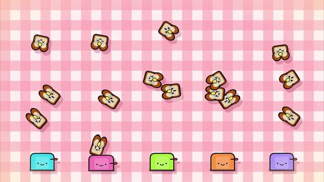 Cute colorful toasters popping bread slices pixel art animation background for kitchen theme content