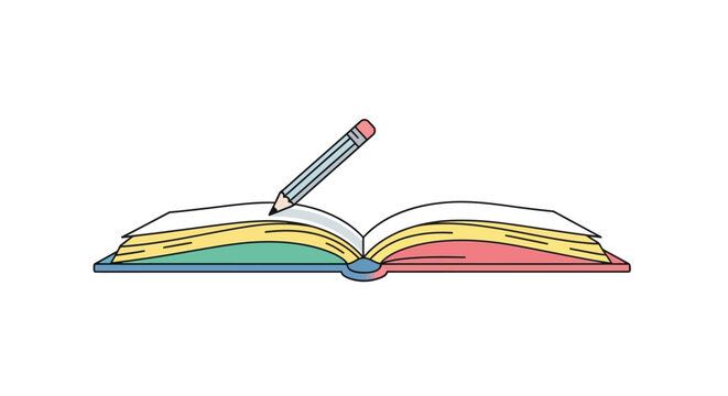 Pencil writing on open book with yellow pages and blue cover
