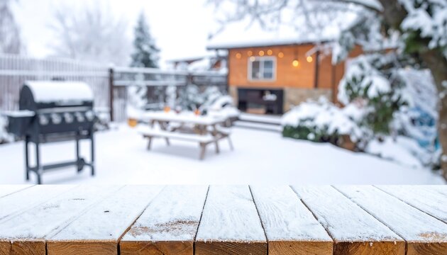 A snowy backyard view with a wooden table in focus. A blurred house and barbecue are visible, evoking winter