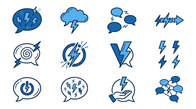 Blue Minimalist Communication Lightning Icons Set.