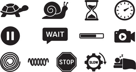 Diverse Black and White Icons Representing Concepts of Time, Speed, Control, and Status. © Idaryati
