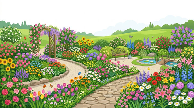 Beautiful Blooming Flower Garden Landscape with Stone Pathway and Wooden Bridge