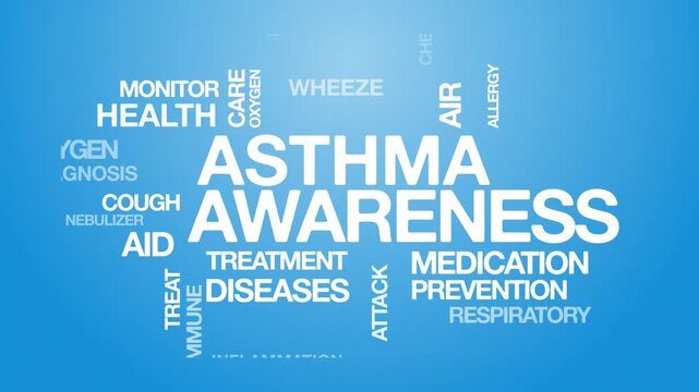 Asthma awareness concept Animated Tag Word Cloud kinetic typography, Text Design Animation typography seamless loop video motion graphics Intro Wordart arrangement blue background bg backdrop campaign