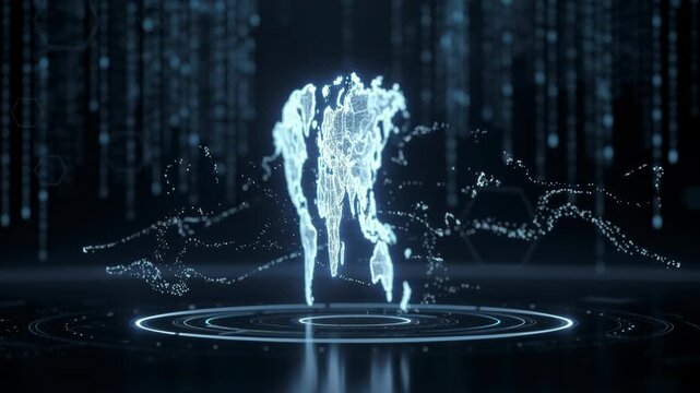 Digital futuristic glowing world map with technology and global connectivity concept in dark background