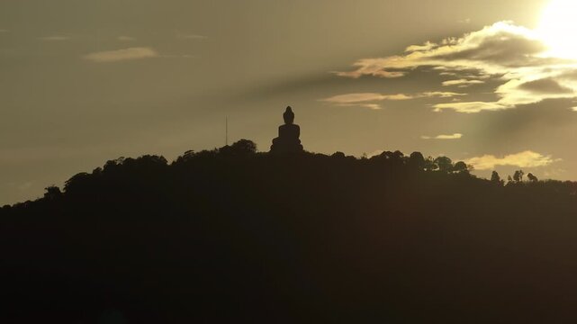 sunset time phuket island famous mountain top big buddha monument aerial panorama 4k thailand