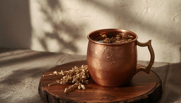 Cold herbal balmony infusion drink in a rustic copper mug served on a wooden log slice base.