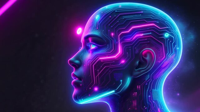 Futuristic glowing digital human face with neon circuit patterns symbolizing artificial intelligence technology