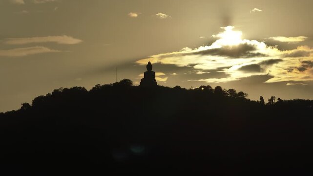 sunset time sky phuket island famous mountain top big buddha monument aerial panorama 4k thailand