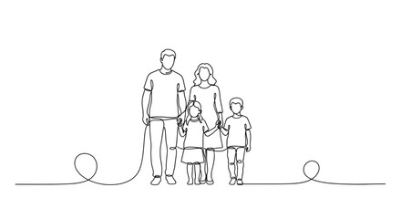 Obraz premium Minimalist Line Art Family Portrait: Parents and Two Children Holding Hands
