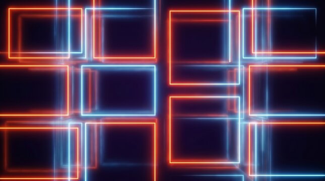 Futuristic design element featuring a cluster of glowing neon frame borders with vibrant light lines