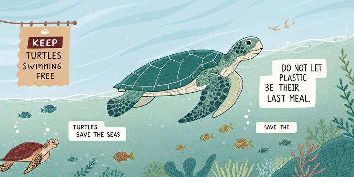 Sea turtles swimming underwater ocean pollution awareness save marine wildlife