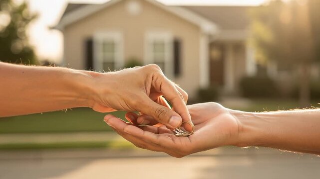 Handing over house key in front of suburban home real estate concept for new homeowners