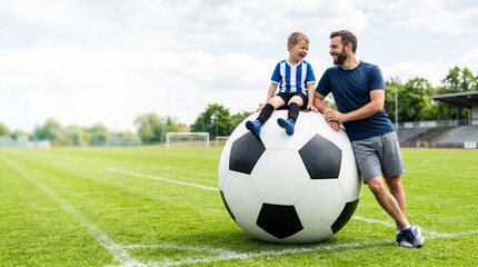 Fototapeta premium Family Bonding Through Football, Father and Son with Giant Soccer Ball on the field with Copy space