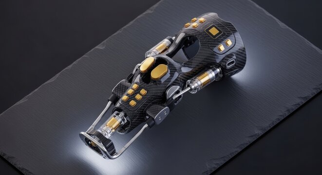 Futuristic sci-fi blaster gun, black and yellow, illustration, 3D rendering