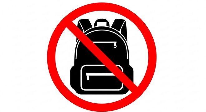 Black backpack icon inside a bright red circular warning sign indicating that bags are strictly prohibited in this specific area for safety and security reasons