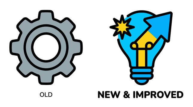 Vector illustration comparing old vs. new and improved concepts, featuring a gear icon for old and a glowing light bulb with an upward arrow for innovation, upgrade, and business development.