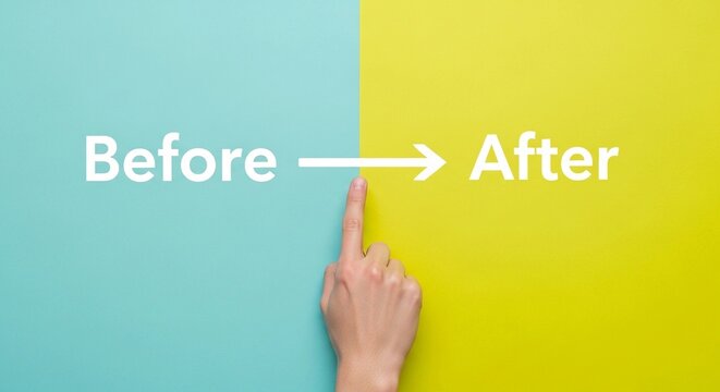 Human finger pointing at a white arrow bridging the divide between the words before and after on a split background of vibrant turquoise and bright yellow