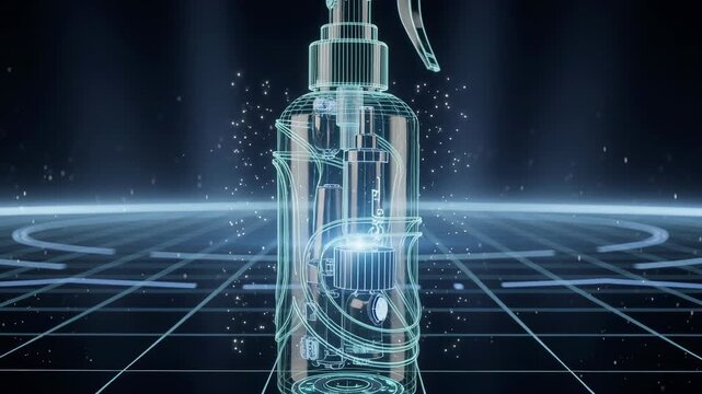 Transparent 3D digital rendering of a spray bottle with futuristic grid background and glowing effects