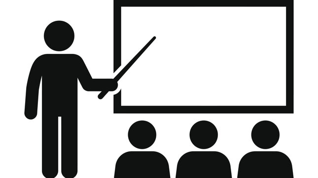 A teacher is giving a classroom lesson presentation, pointing at blank whiteboard vector icon