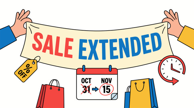 Vector illustration of "Sale Extended" concept, featuring a banner held by hands, calendar date change, shopping bags, discount tag, and clock. Perfect for retail marketing and promotional campaigns.