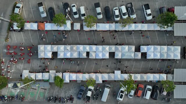 sunset time phuket island famous store parking sunday market aerial topdown panorama 4k thailand