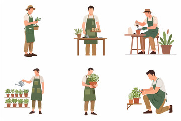 Set of flat vector illustrations of a male gardener or florist performing various gardening tasks such as watering, potting, and pruning plants. © Kios