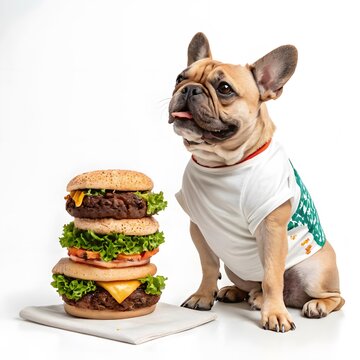French bulldog wearing shirt looking at tall double cheeseburger with cheeseburger delicious clothing background