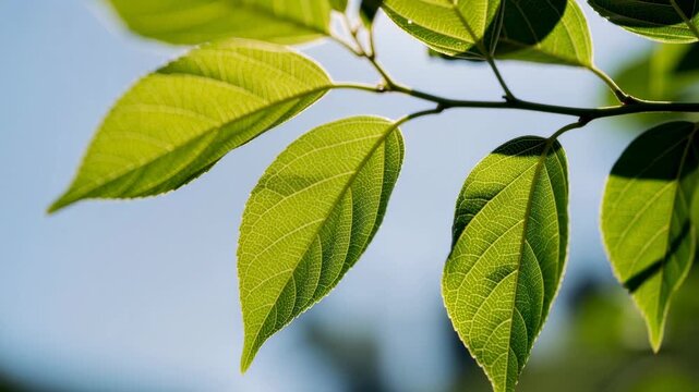 Close up of green leaves with sunlight showing detailed veins and natural texture on blue sky background