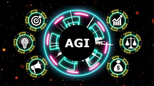 Artificial general intelligence agi hud concept animation with digital icons.