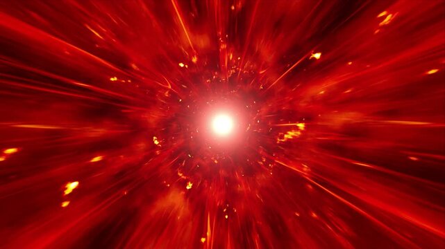 Cosmic Red Wormhole Tunnel Motion Graphic Background with Bright Center Light Explosion