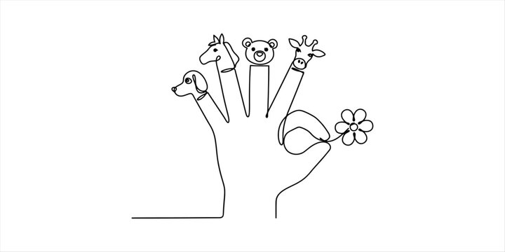 Hand with animal finger puppets and flower, one line drawing