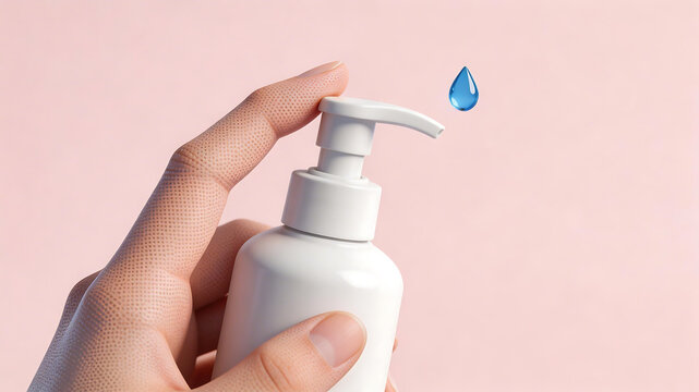 Hand holding white pump bottle with blue drop symbolizing the intersection of biology and technology