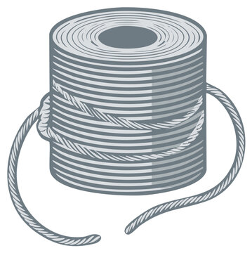 Spool of gray rope with loose ends and knot illustration