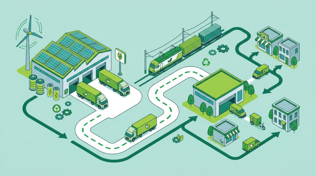 Sustainable logistics and supply chain illustration with renewable energy sources.