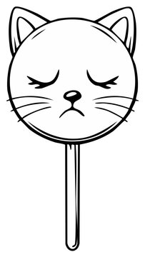 Sad Cat Face Lollipop Design Simple Black and White Illustration