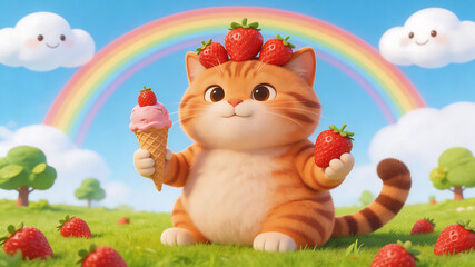 Fototapeta premium Cute cat with ice cream and strawberries emphasizing natural beauty and pristine environments