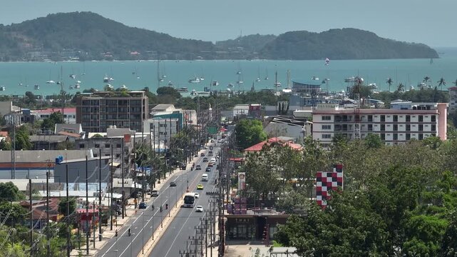 sunny day phuket island beach bay coastline aerial panorama 4k thailand
