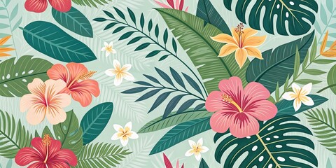 Fototapeta premium Tropical seamless pattern with hibiscus plumeria flowers and lush green leaves
