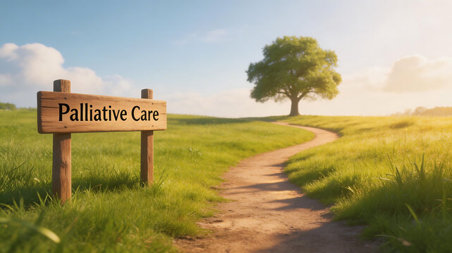 Pathway to tree with palliative care sign for cinematic landscapes and wilderness exploration