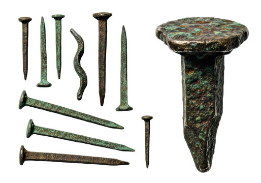 eight antique, hand-forged bronze nails showing deep verdigris and rough texture, isolated on transparent, captured in high-contrast black and white macro detail. concept of material decay and