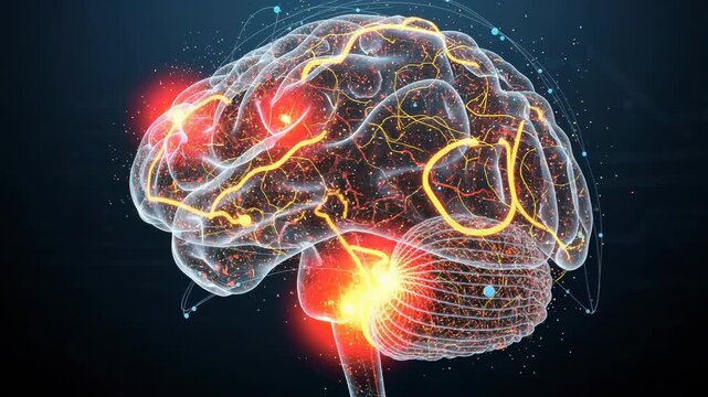 Digital illustration of human brain with glowing neural pathways and synapses representing brain activity