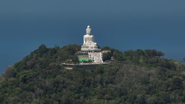 sunny day phuket island famous mountain top big buddha monument coastline aerial panorama 4k thailand