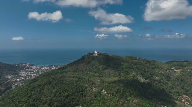 sunny day phuket island famous mountain top big buddha monument coastline aerial panorama 4k thailand