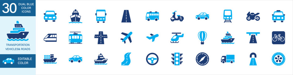 Vehicles, Transportation and the road icon set. Contains symbol of airplane, car, bus, bicycle, motorcycle, truck, toll road, ship, cargo, tram, taxi, crossroad, tunnel, flyover, traffic light. © Mutinah