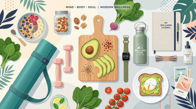 Modern wellness concept with healthy food and fitness items for mind body soul balance