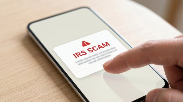 IRS scam alert on smartphone screen, warning message, cybersecurity threat, phishing notification