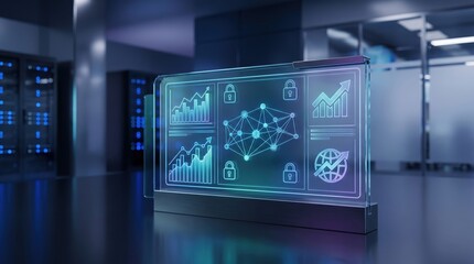 Fototapeta premium Futuristic holographic display showing data analytics and network security icons in server room, cloud computing concept, cybersecurity protection