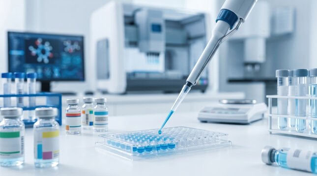 Scientist using pipette to drop blue liquid into microplate in laboratory, medical research, biotechnology, pharmaceutical testing, healthcare innovation, science experiment